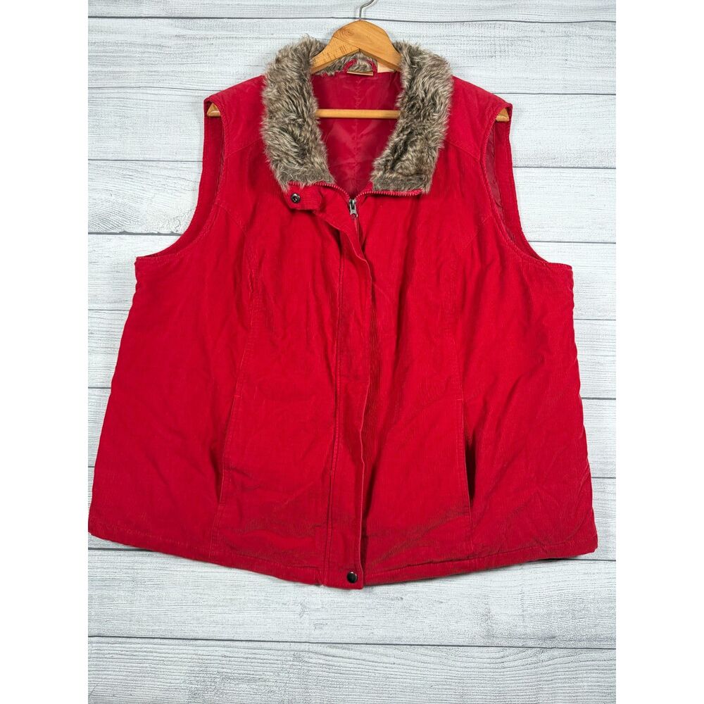 NorthCrest Womens 3X Red Corduroy Faux Fur Collar Zip Vest Plus Size Bin H